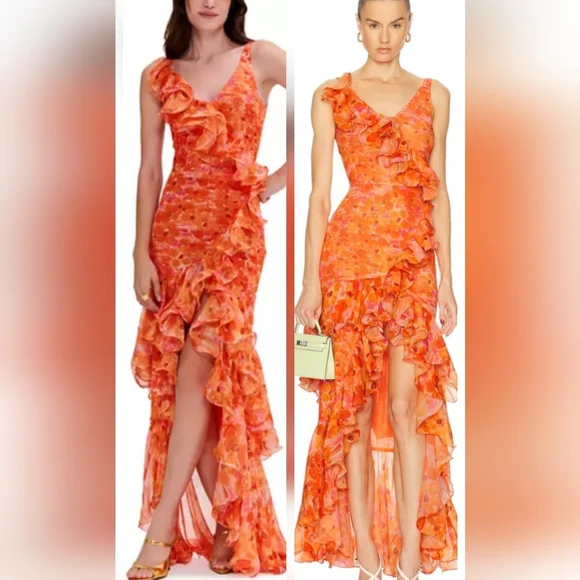 NWT Patbo Ruffled Floral High Low Maxi Dress Myosotis Flutter Gown Sz 12 Or L XL - Picture 1 of 16